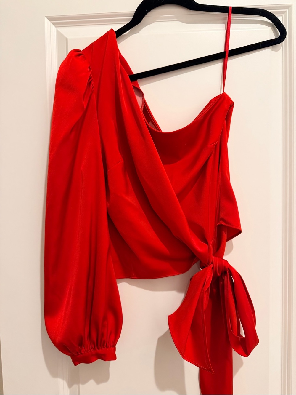 Anthropologie Red Satin One-Shoulder Tie Blouse